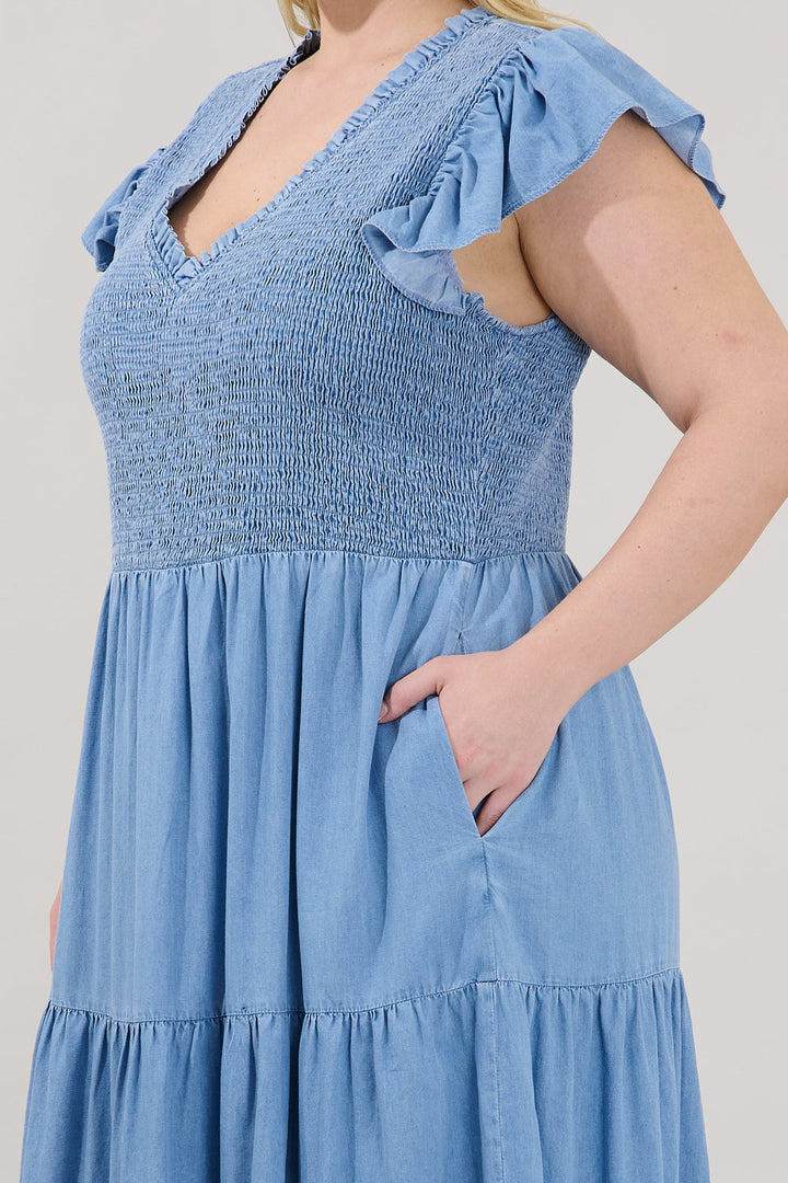 Cierra Denim Sunfire Smocked Bodice Tiered Midi Dress Curve