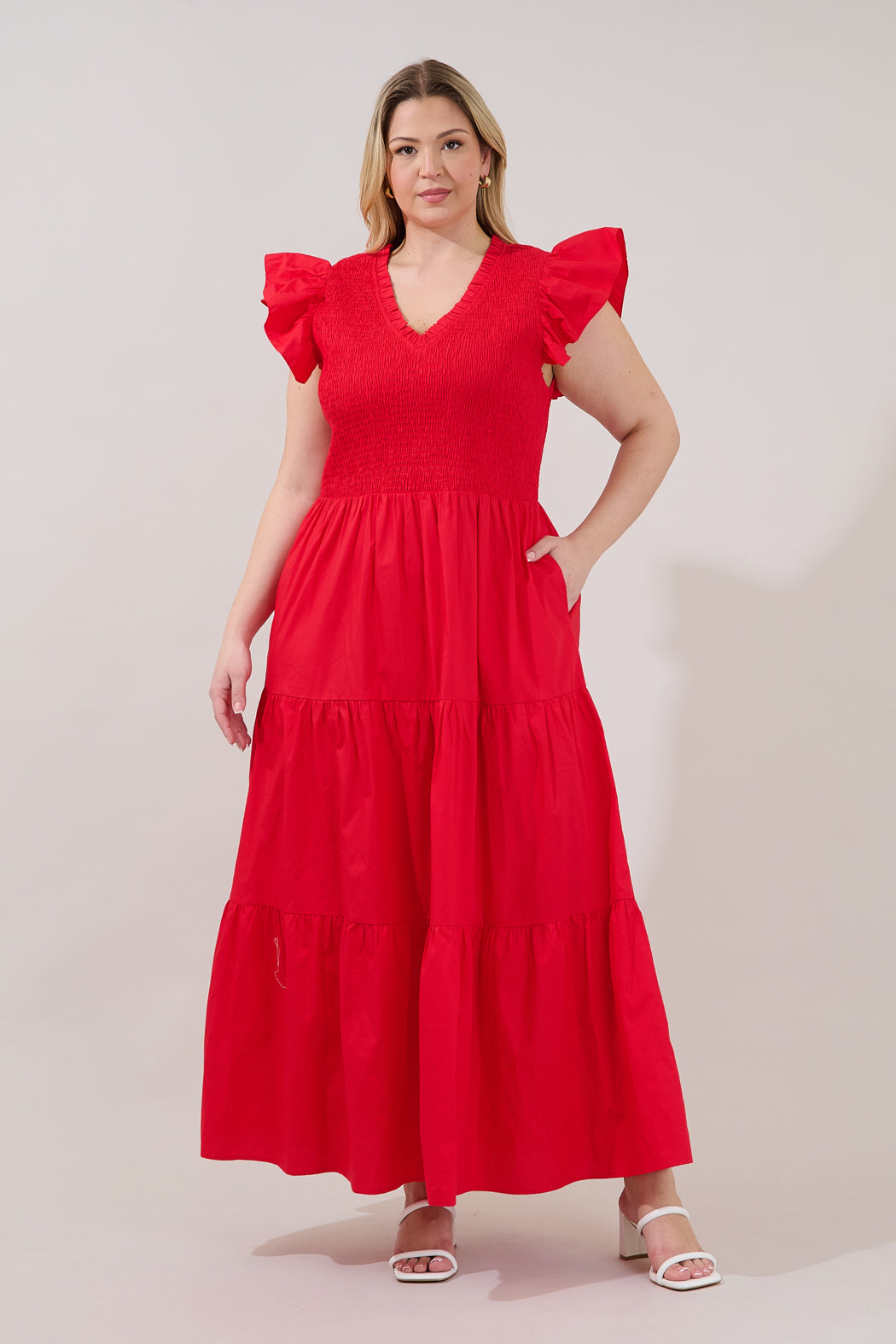 Sunfire Smocked Bodice Tiered Midi Dress Curve