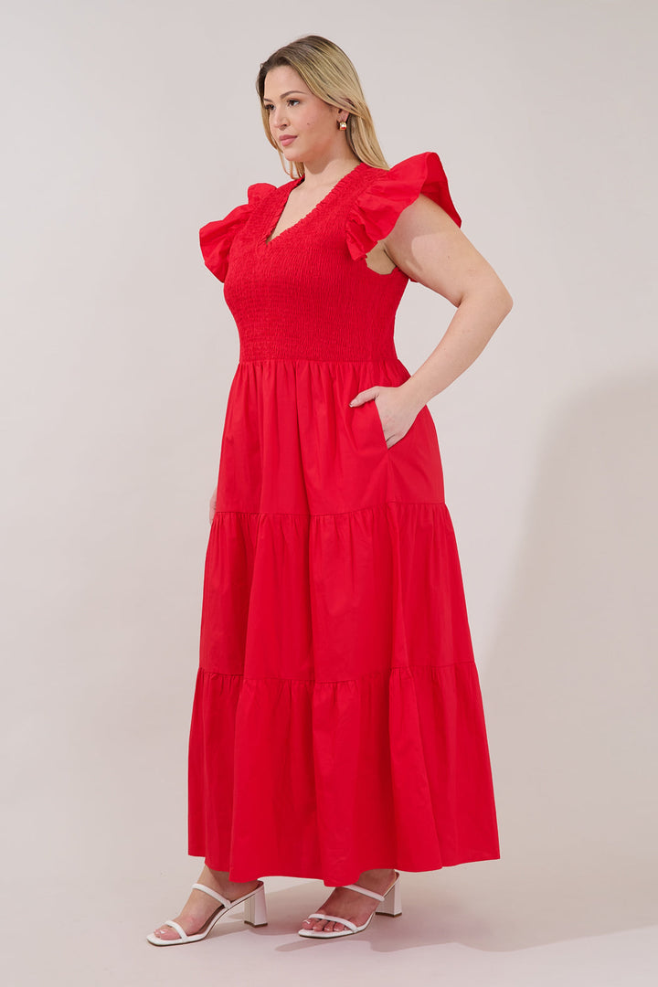 Sunfire Smocked Bodice Tiered Midi Dress Curve