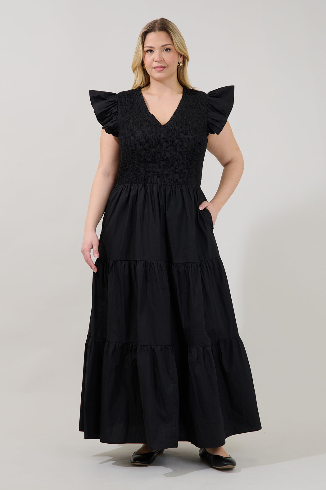 Sunfire Smocked Bodice Tiered Midi Dress Curve
