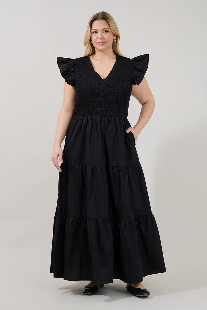Sunfire Smocked Bodice Tiered Midi Dress Curve