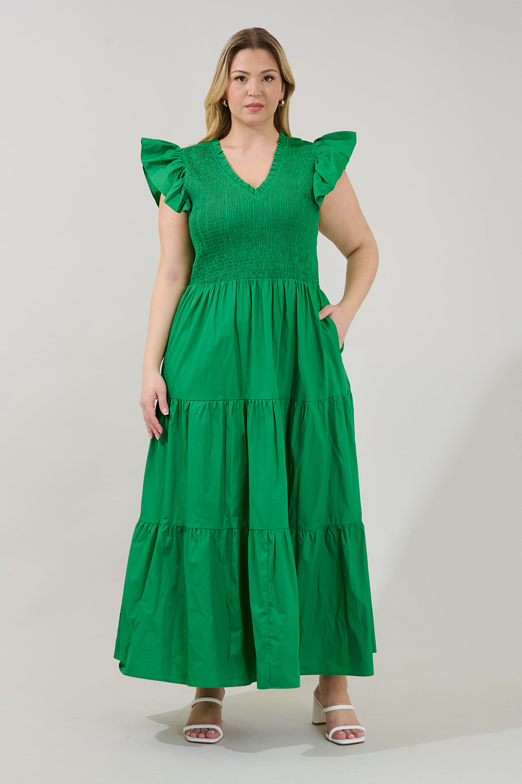 Sunfire Smocked Bodice Tiered Midi Dress Curve