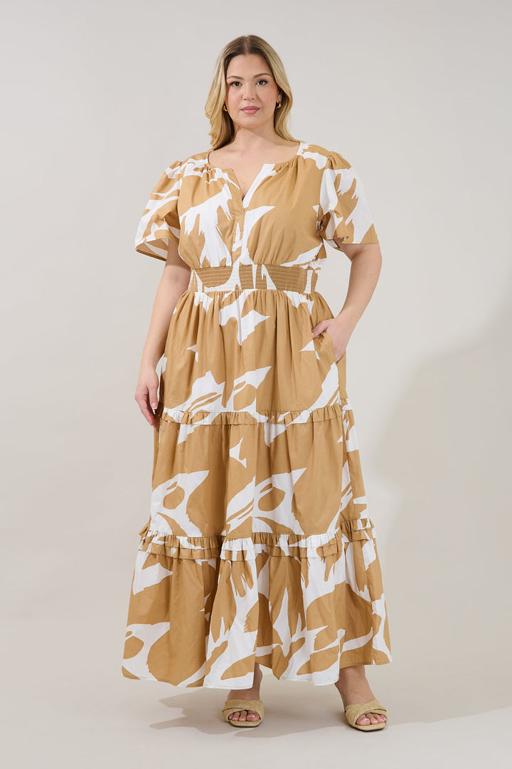 Hazel Abstract Palmer Poplin Tiered Maxi Dress Curve
