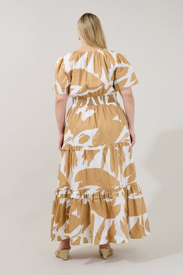 Hazel Abstract Palmer Poplin Tiered Maxi Dress Curve
