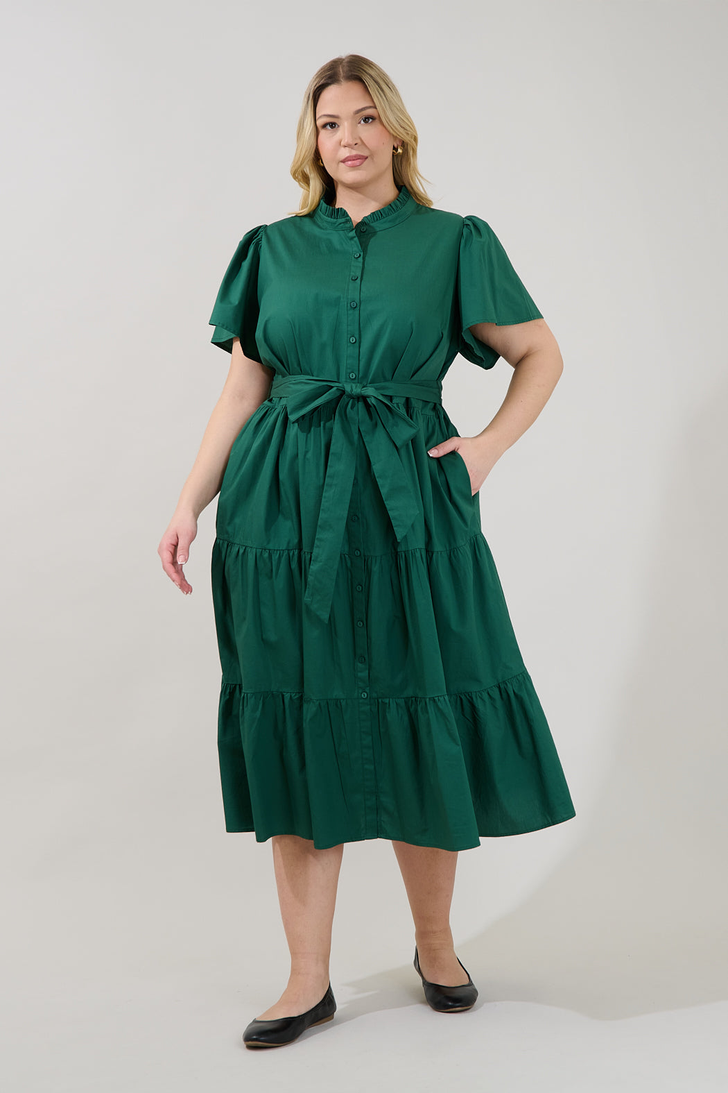 Bellucci Poplin Button Front Tiered Midi Dress Curve