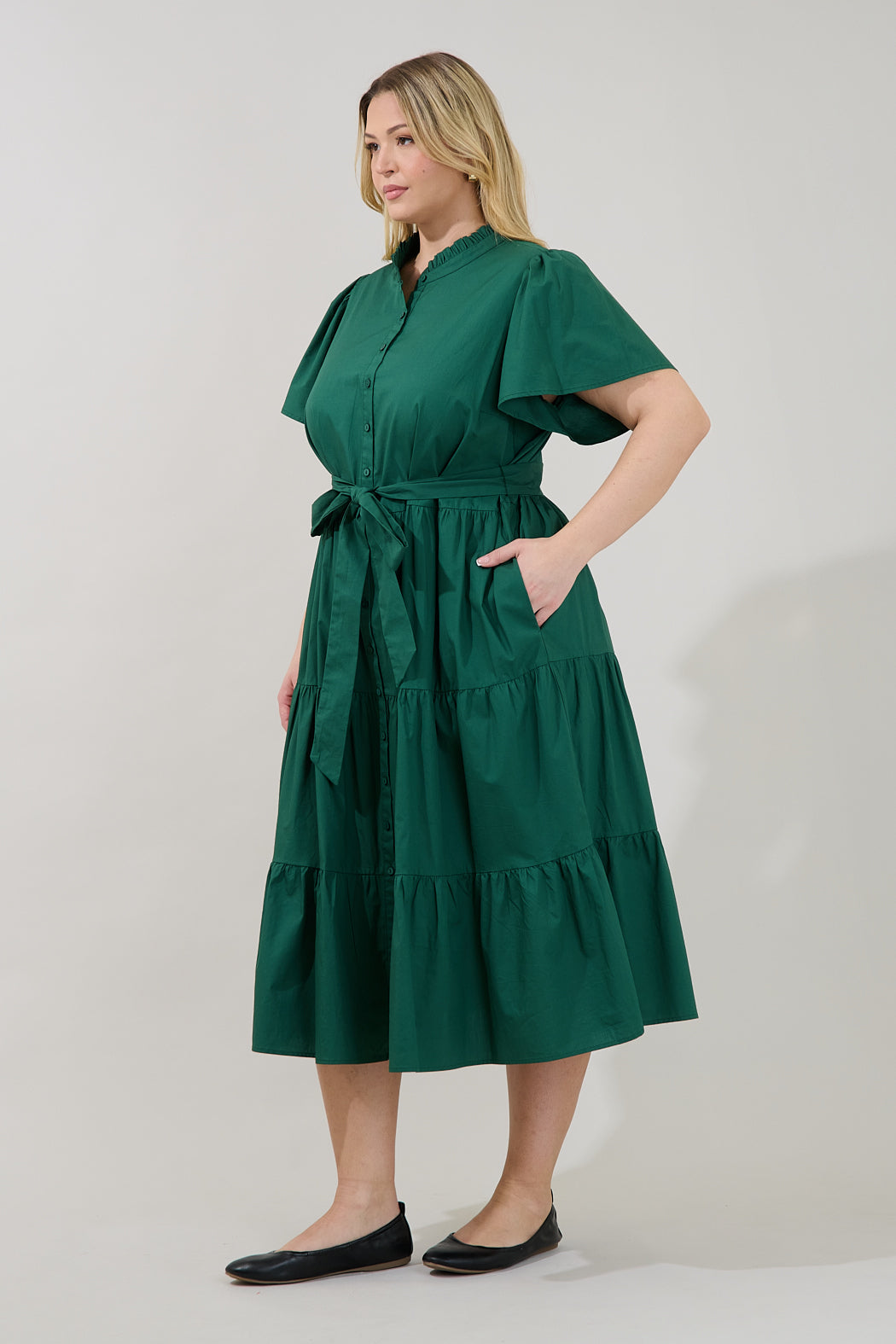 Bellucci Poplin Button Front Tiered Midi Dress Curve