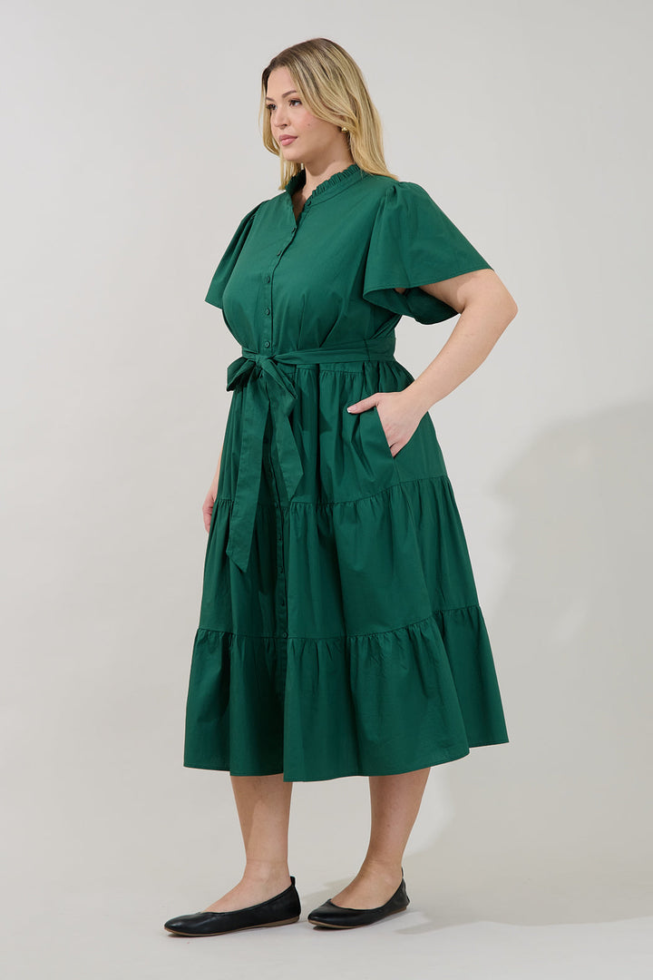 Bellucci Poplin Button Front Tiered Midi Dress Curve