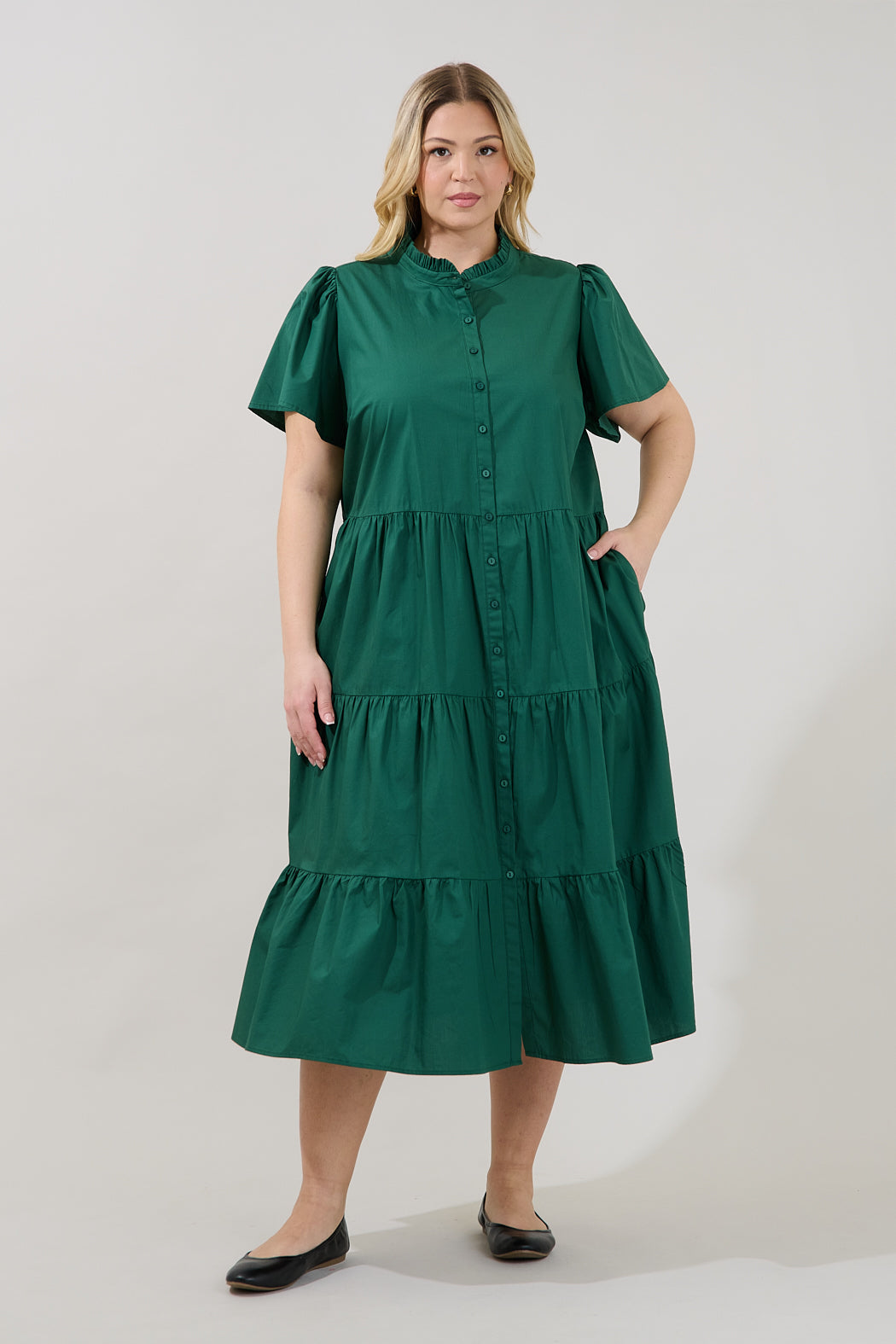 Bellucci Poplin Button Front Tiered Midi Dress Curve