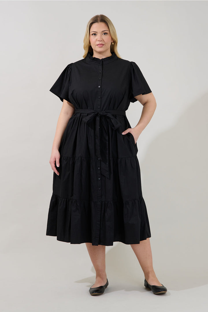 Bellucci Poplin Button Front Tiered Midi Dress Curve
