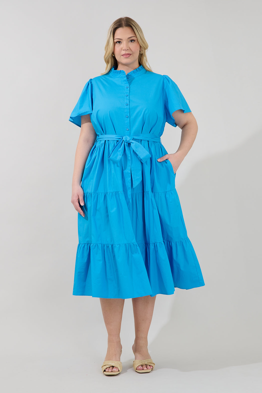 Bellucci Poplin Button Front Tiered Midi Dress Curve