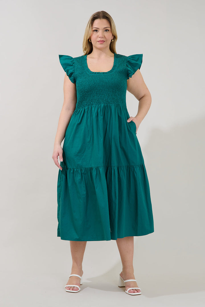 Ingrid Poplin Smocked Tiered Midi Dress Curve