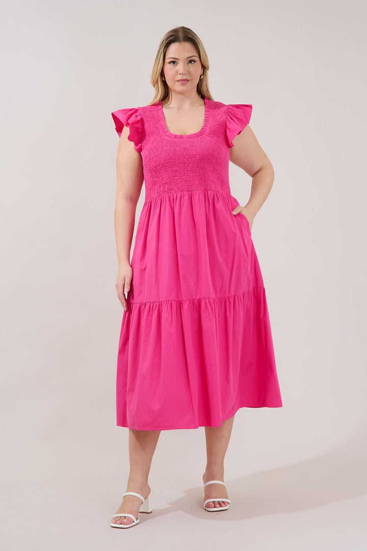 Ingrid Poplin Smocked Tiered Midi Dress Curve