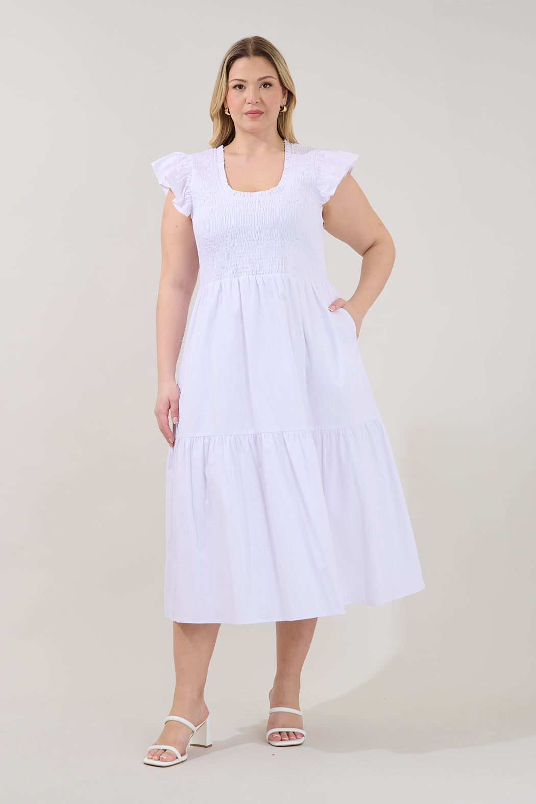 Ingrid Poplin Smocked Tiered Midi Dress Curve