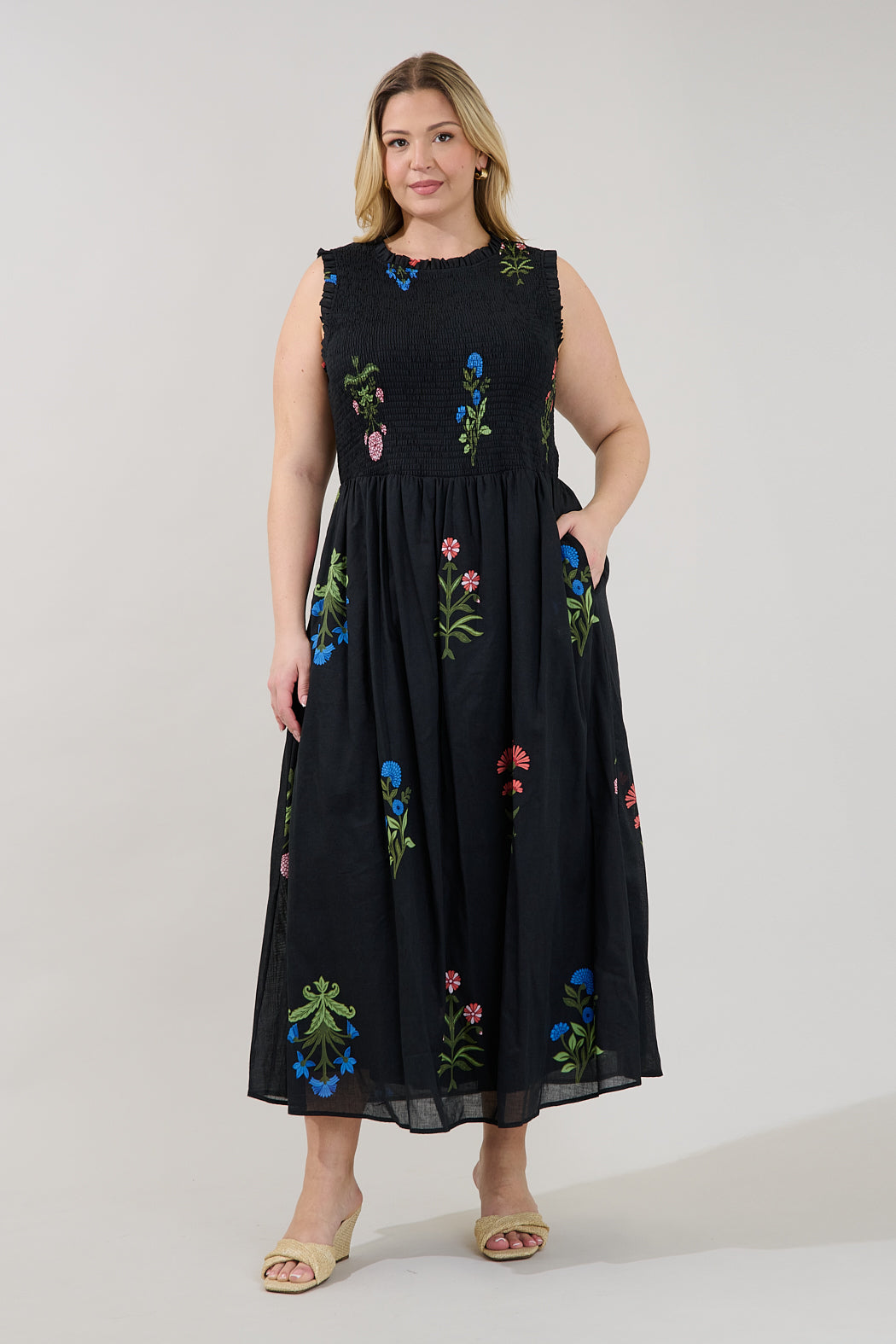 Cecil Smocked Sleeveless Midi Dress Denory Floral Curve