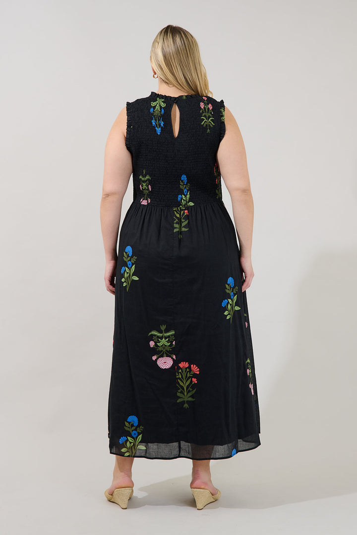 Cecil Smocked Sleeveless Midi Dress Denory Floral Curve