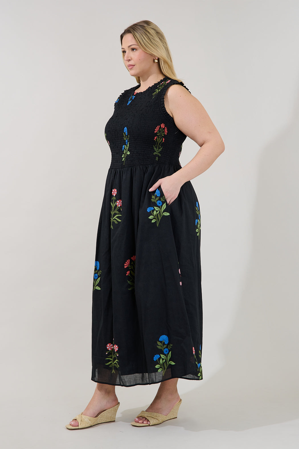 Cecil Smocked Sleeveless Midi Dress Denory Floral Curve