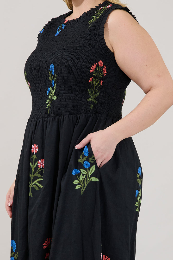 Cecil Smocked Sleeveless Midi Dress Denory Floral Curve
