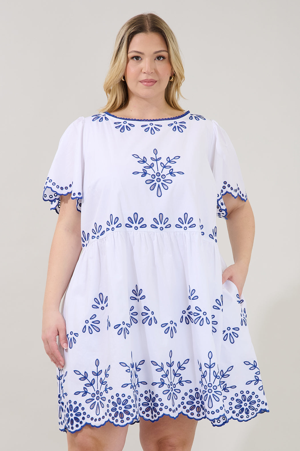 Lurina Embroidered Babydoll Mini Dress Curve