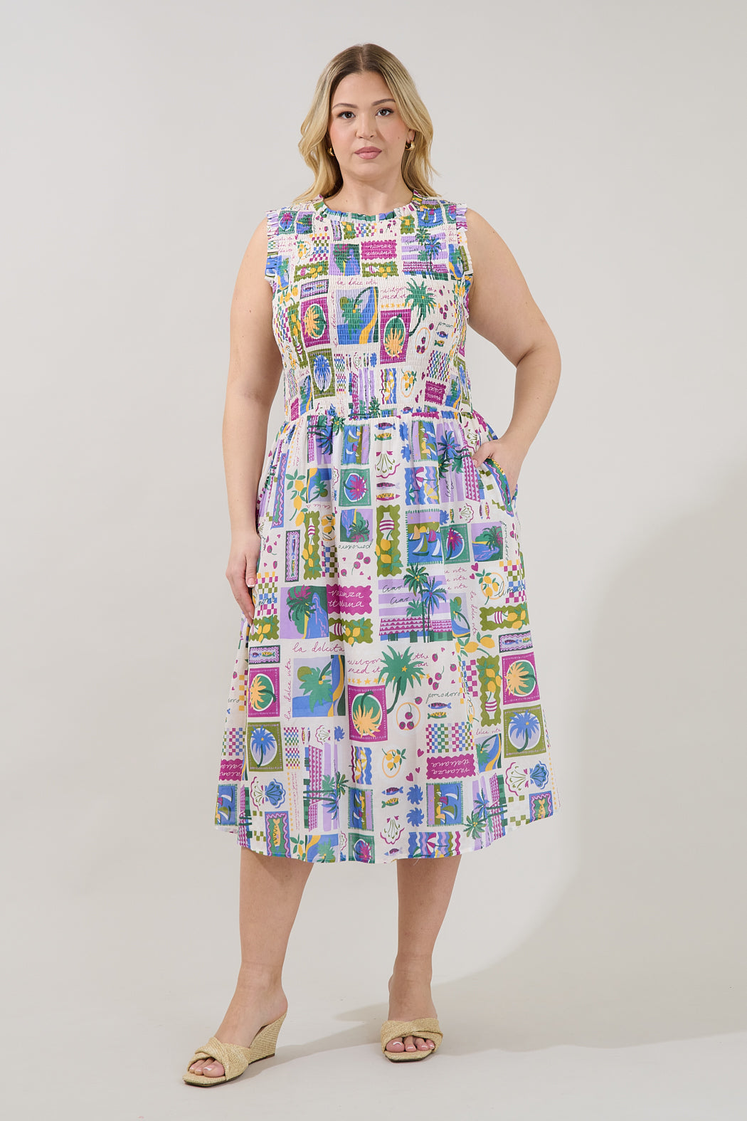 Caren Smocked Sleeveless Midi Dress Postcard Curve