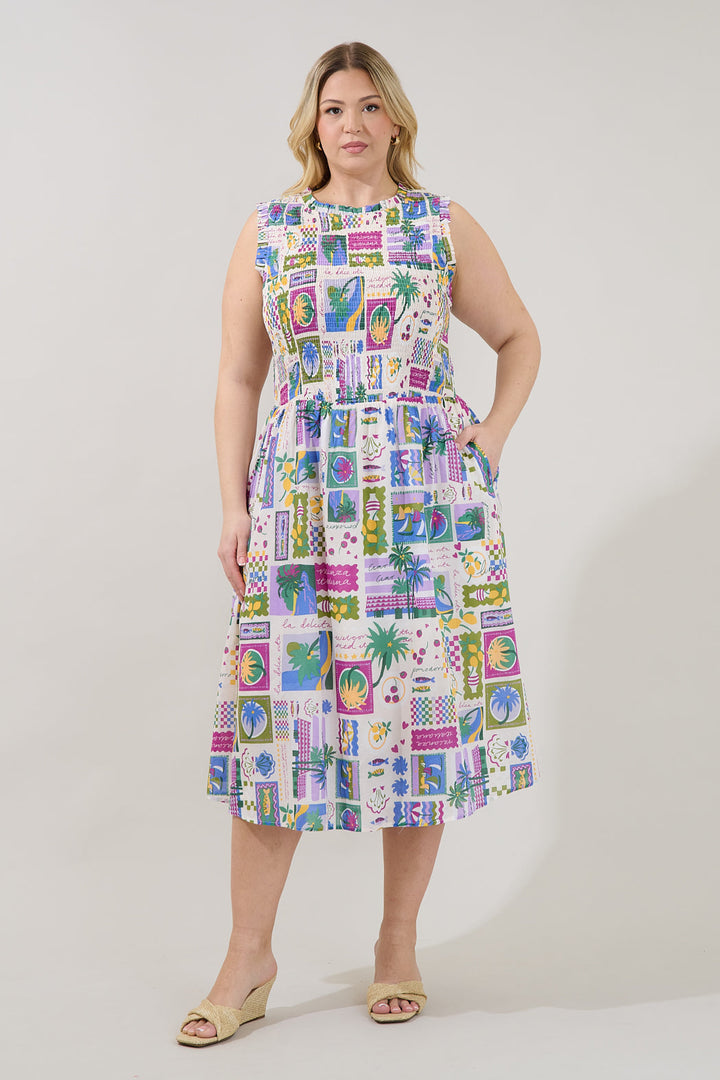 Caren Smocked Sleeveless Midi Dress Postcard Curve