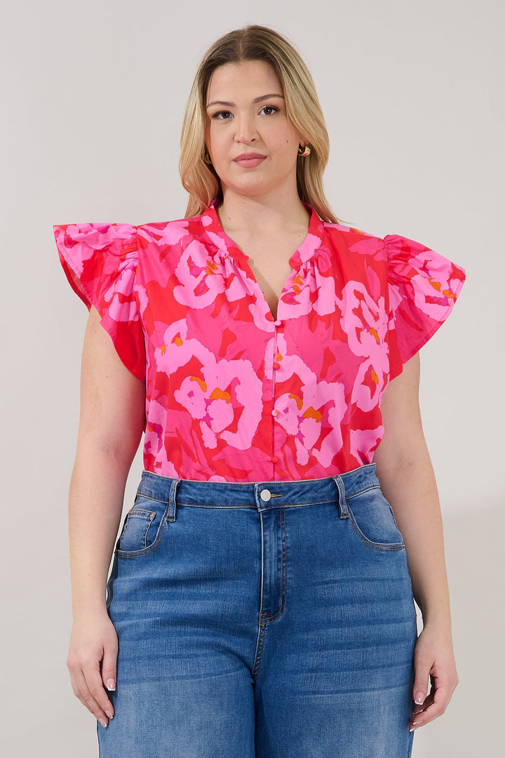 Moe Split Neck Top Floral Curve