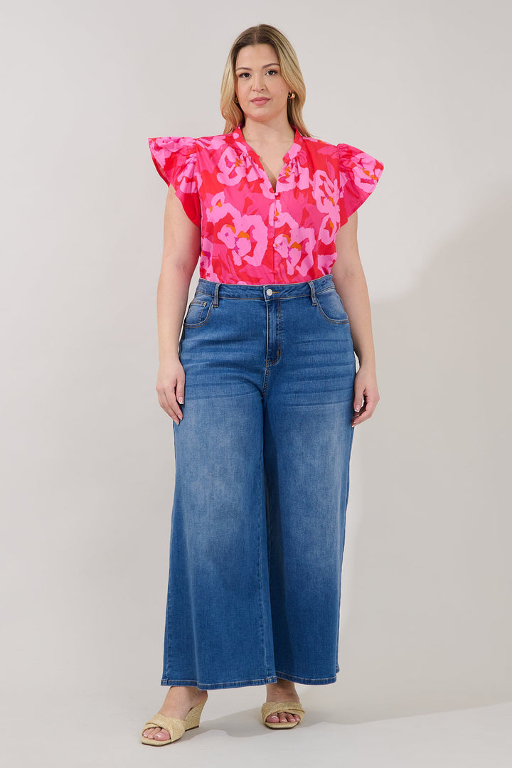 Moe Split Neck Top Floral Curve