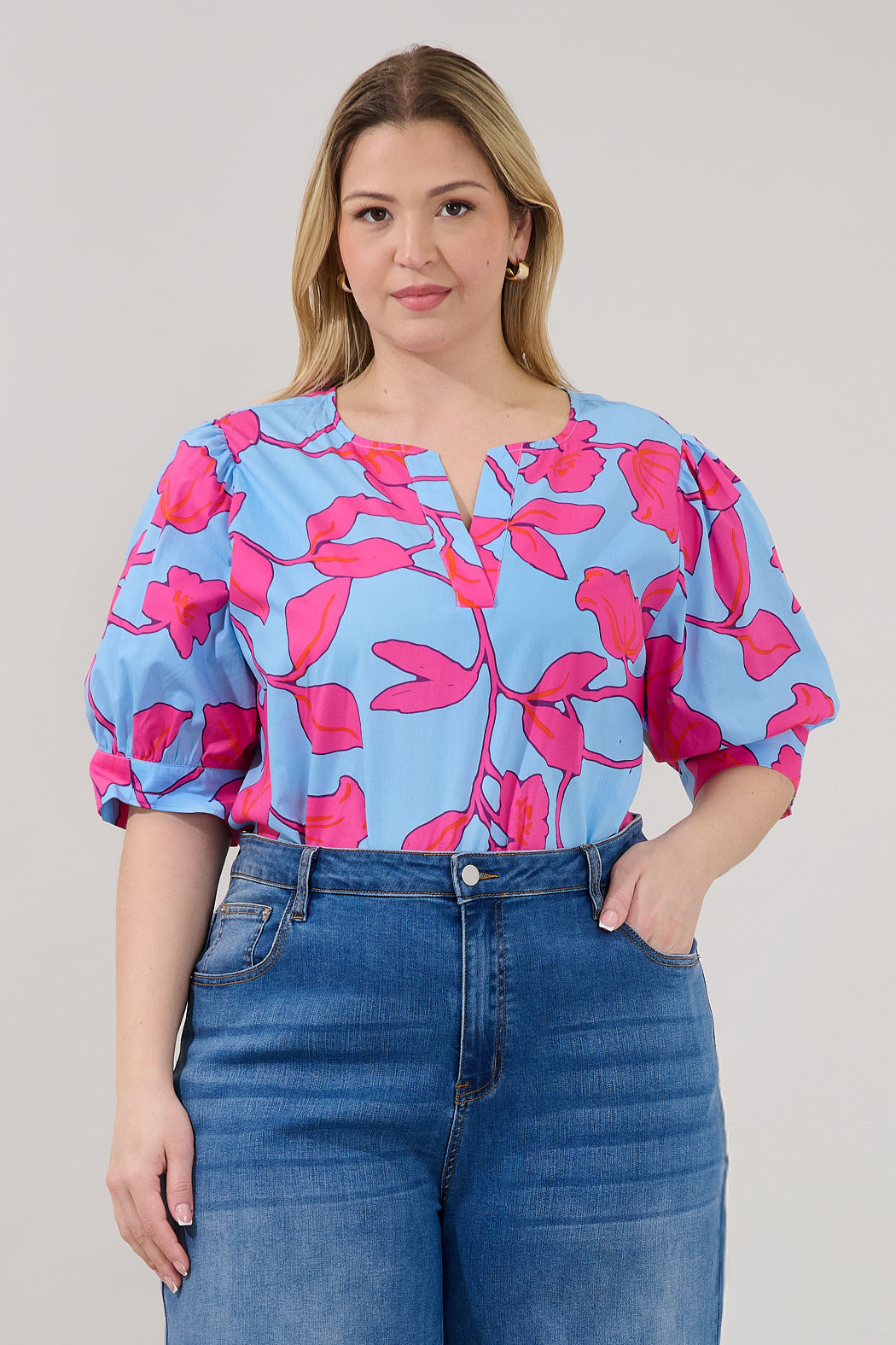 Waterlilly Balloon Sleeve Top Floral Curve