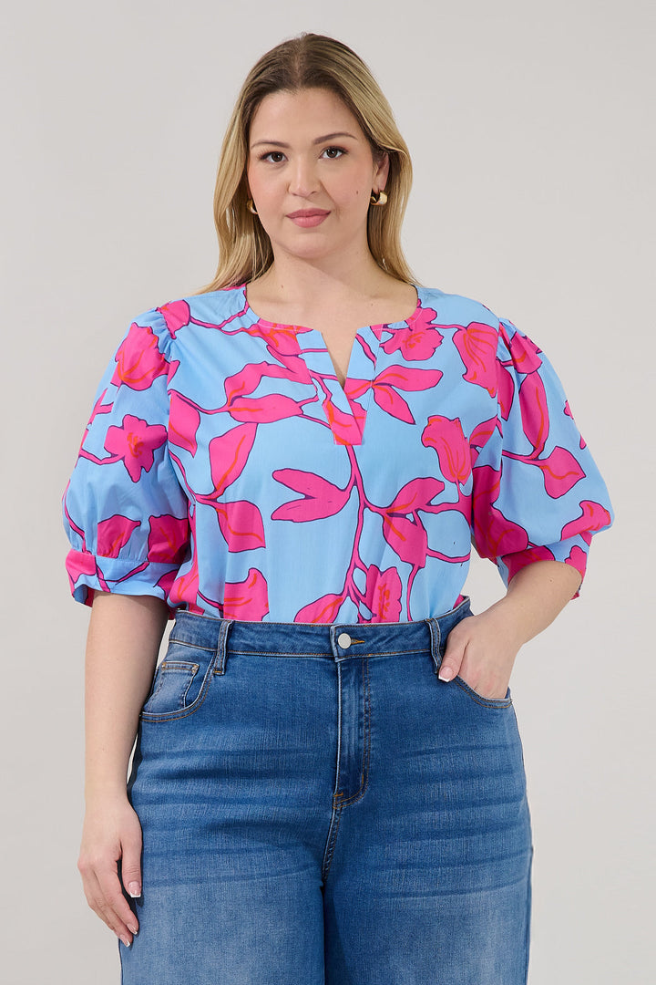 Waterlilly Balloon Sleeve Top Floral Curve