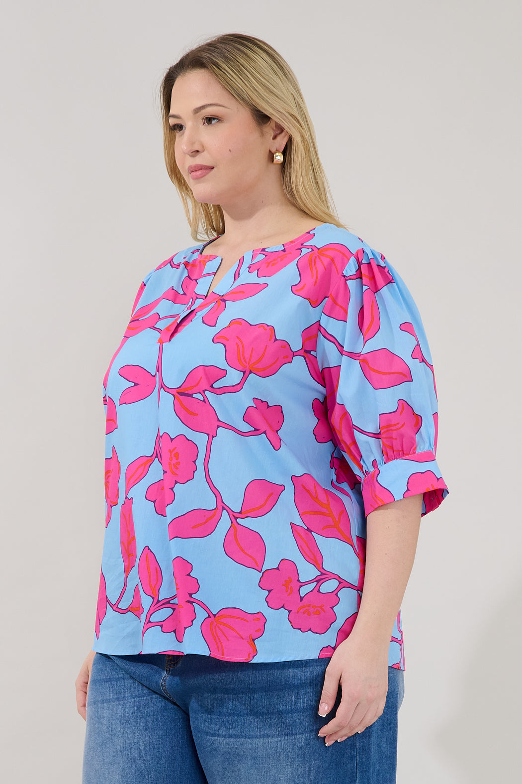 Waterlilly Balloon Sleeve Top Floral Curve