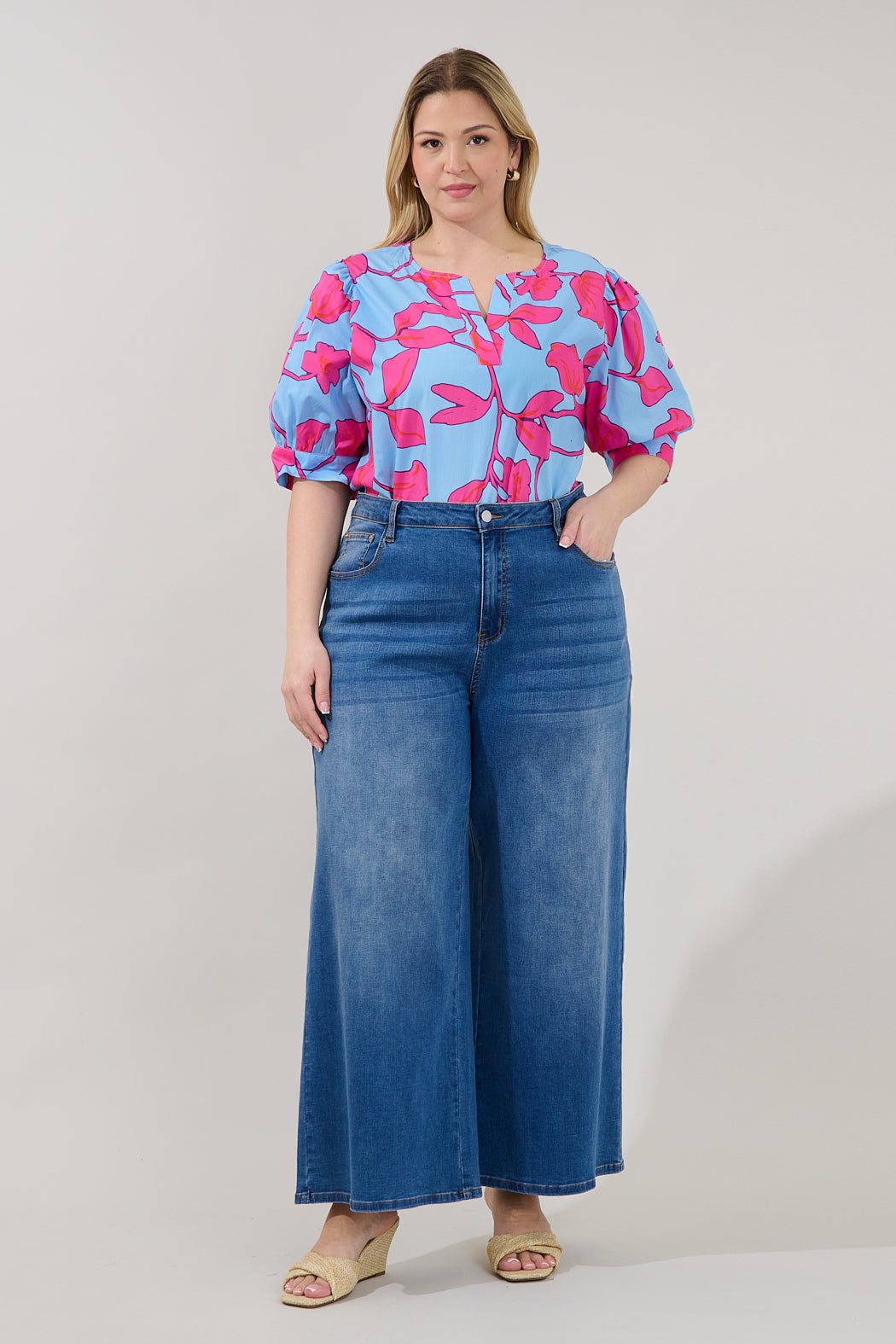 Waterlilly Balloon Sleeve Top Floral Curve