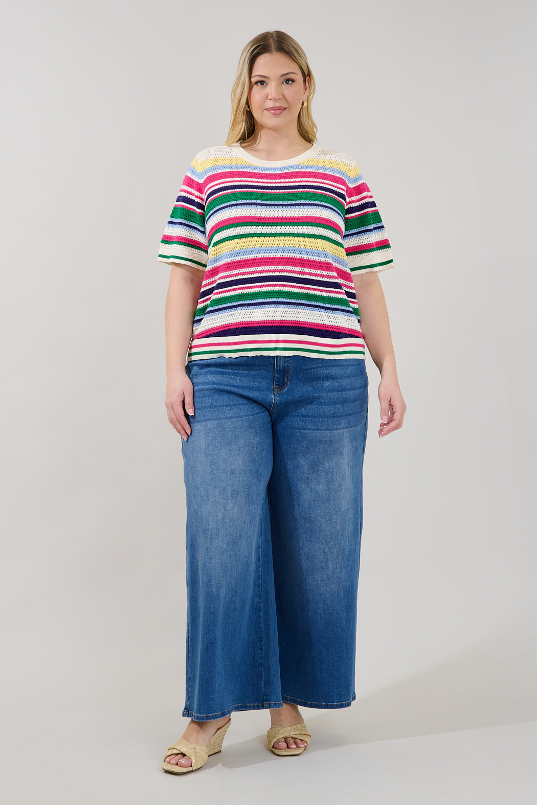 Linzia Stripe Crochet Sweater Top Curve