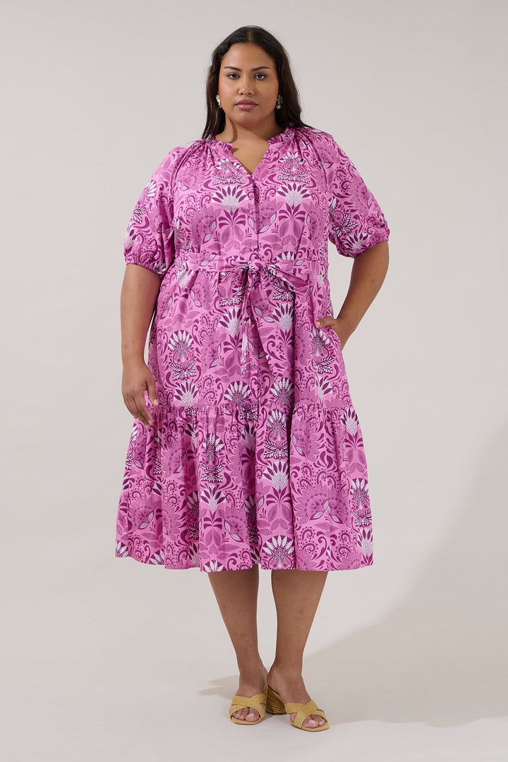 Wynette Tiered Midi Dress Floral Curve