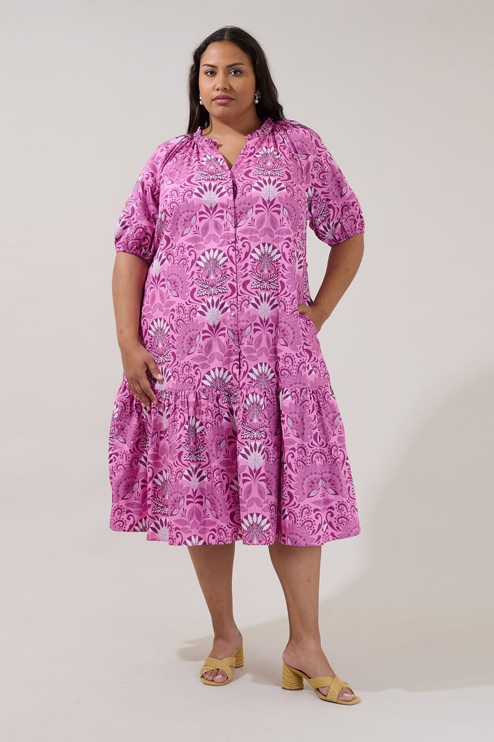 Wynette Tiered Midi Dress Floral Curve