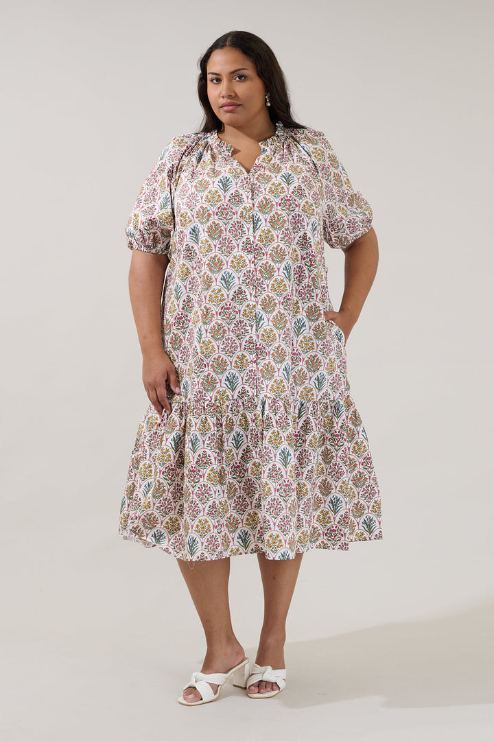 Wynette Tiered Midi Dress Kathy Floral Curve