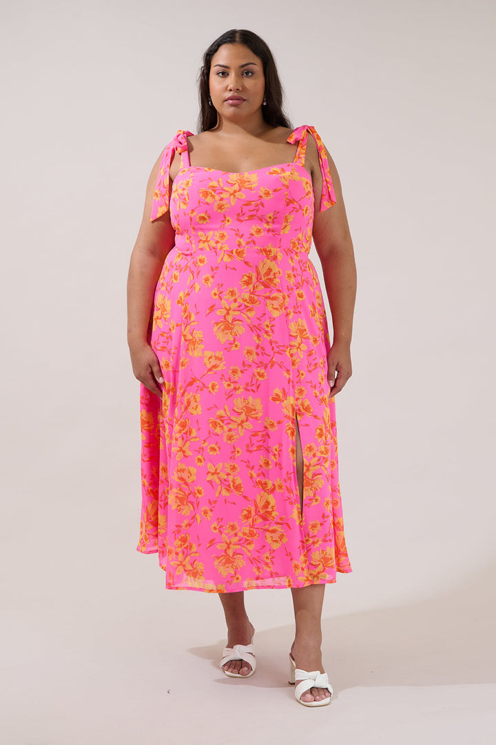 Viejo Tie Strap Midi Dress Hot Rod Floral Curve