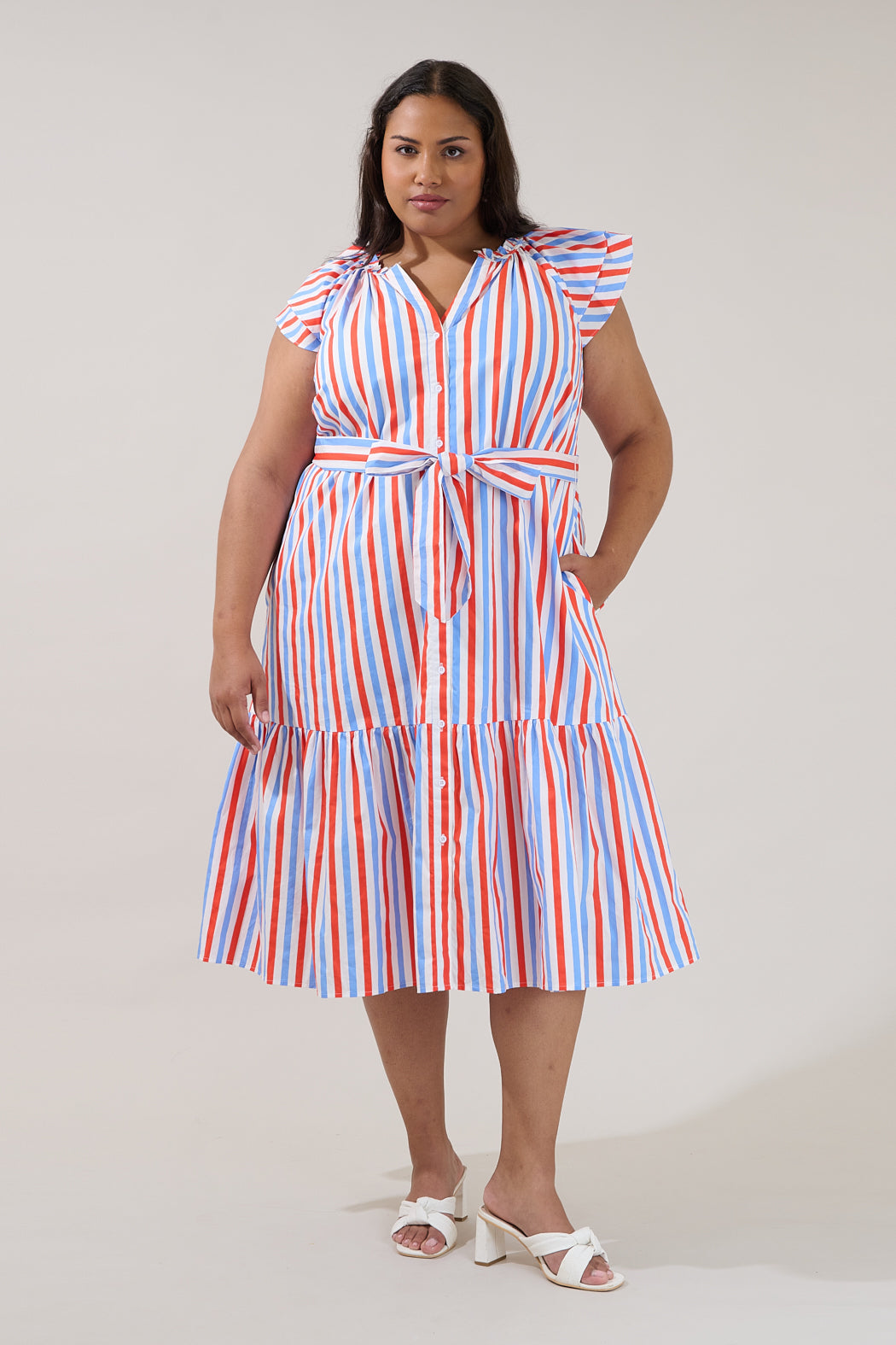 Charlotte Button Midi Dress Stripe Curve