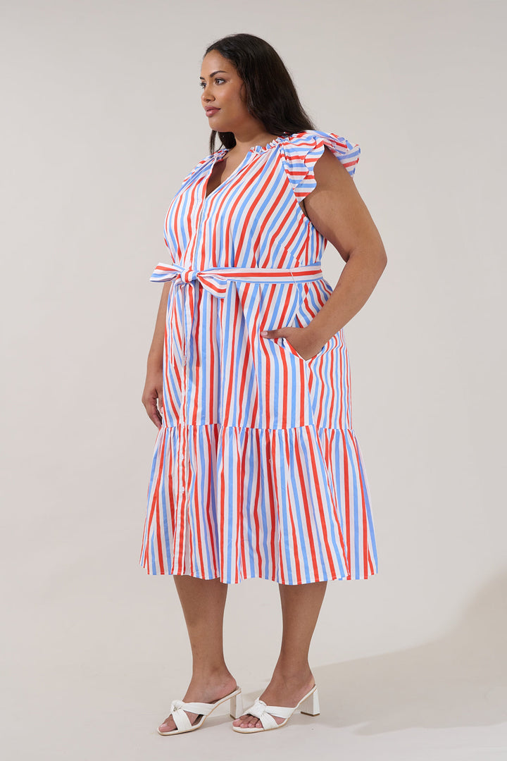 Charlotte Button Midi Dress Stripe Curve