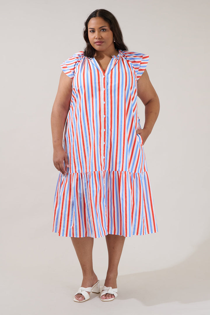 Charlotte Button Midi Dress Stripe Curve