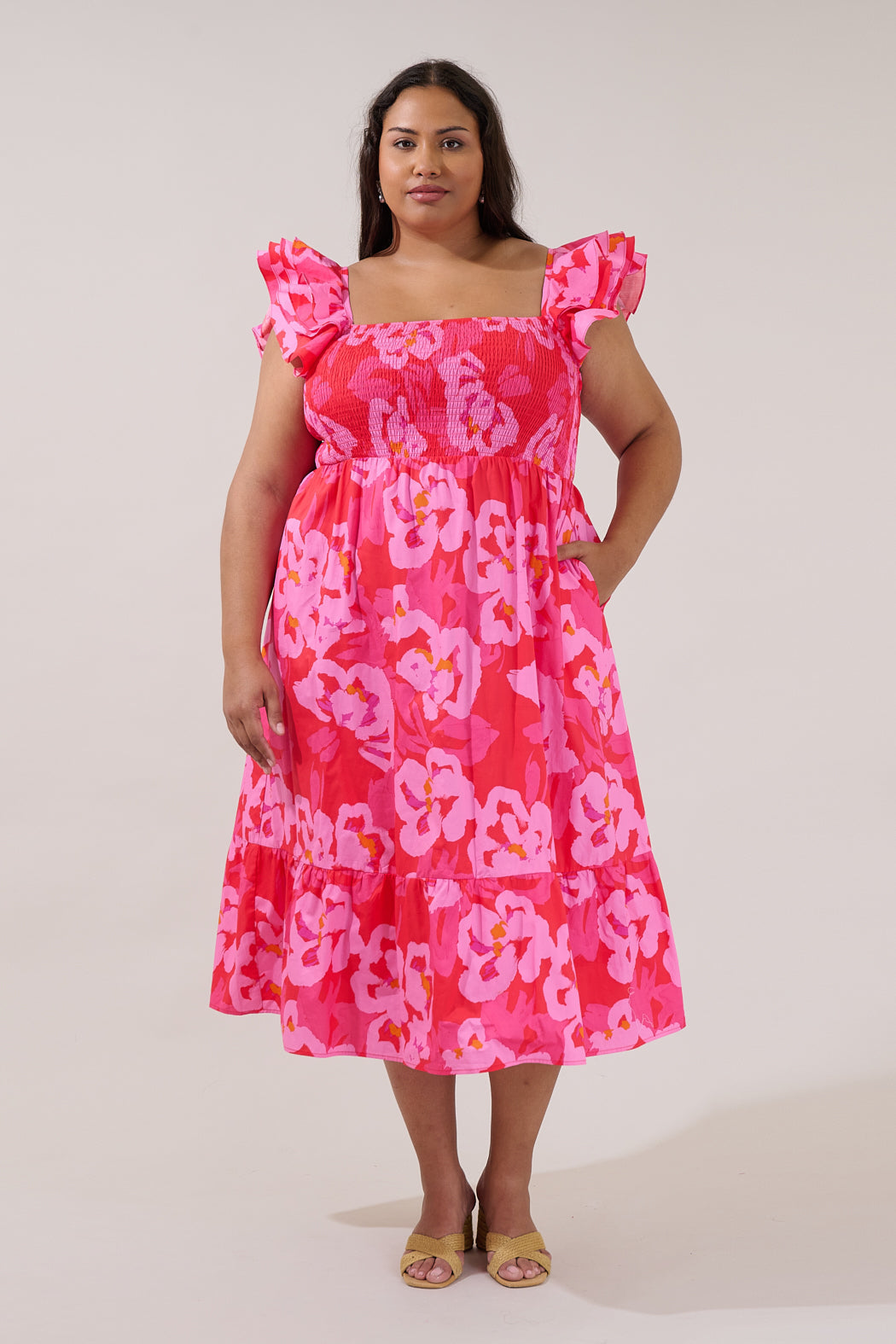 Girona Smocked Ruffle Midi Dress Floral Curve