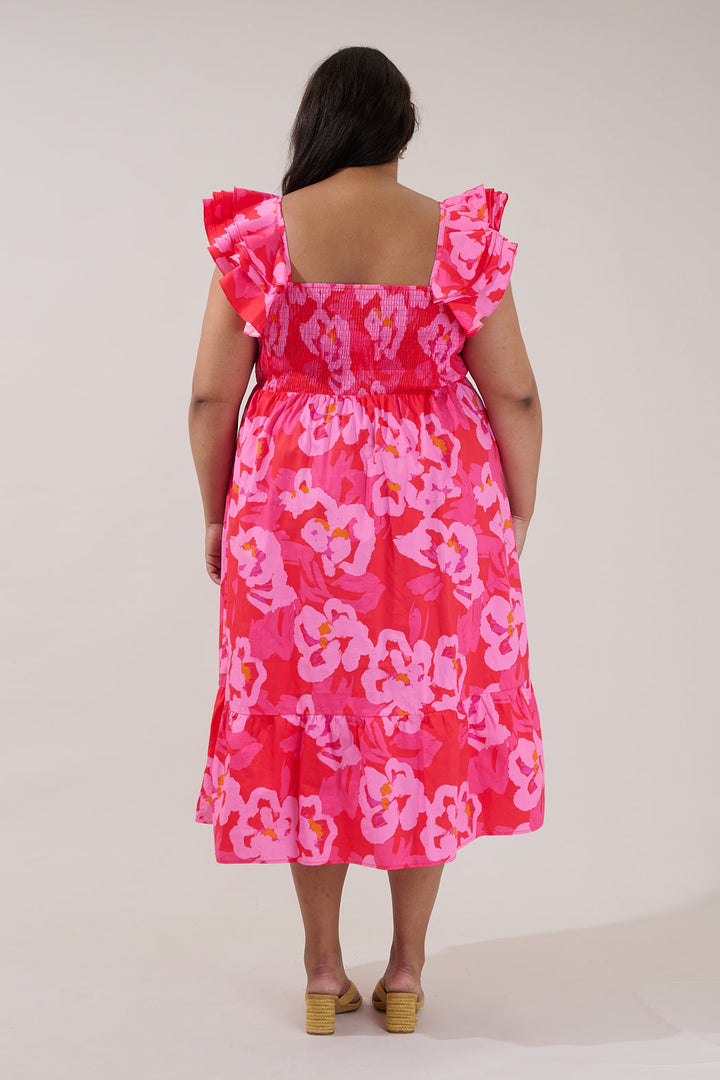 Girona Smocked Ruffle Midi Dress Floral Curve