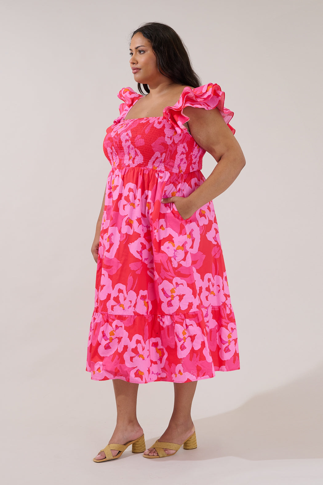 Girona Smocked Ruffle Midi Dress Floral Curve