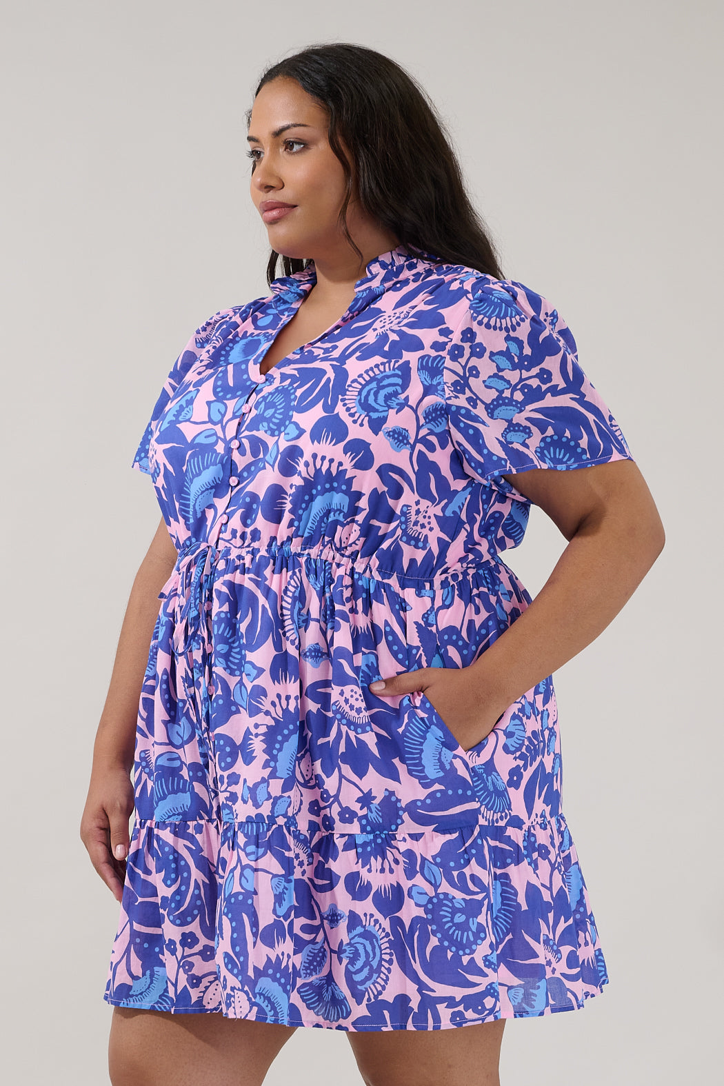 Amo Button Up Mini Dress Floral Curve