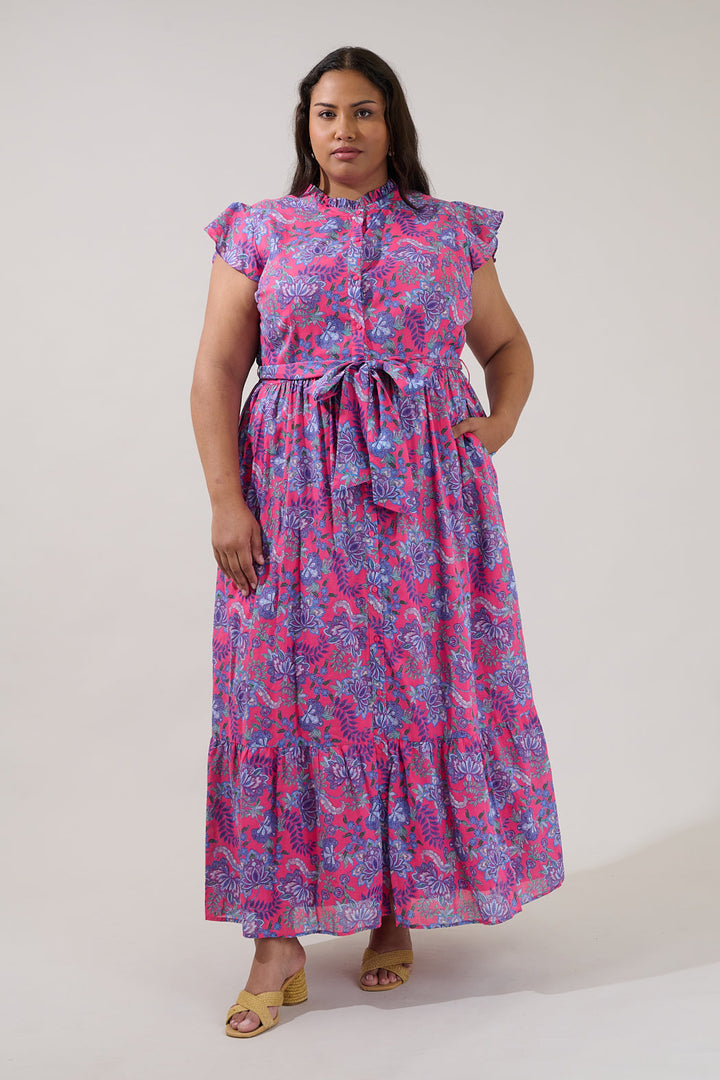Riah Button Down Maxi Dress Floral Curve