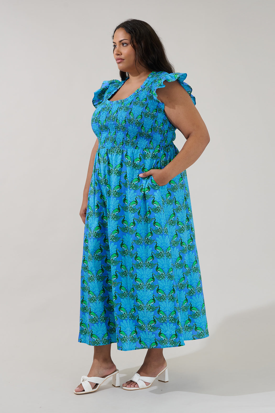 Sherly Smocked Midi Dress Peacock Curve