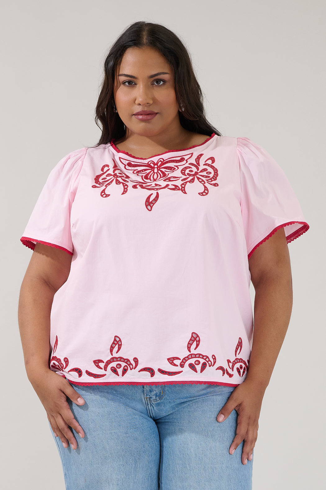 Jocie Embroidered Puff Sleeve Top Curve