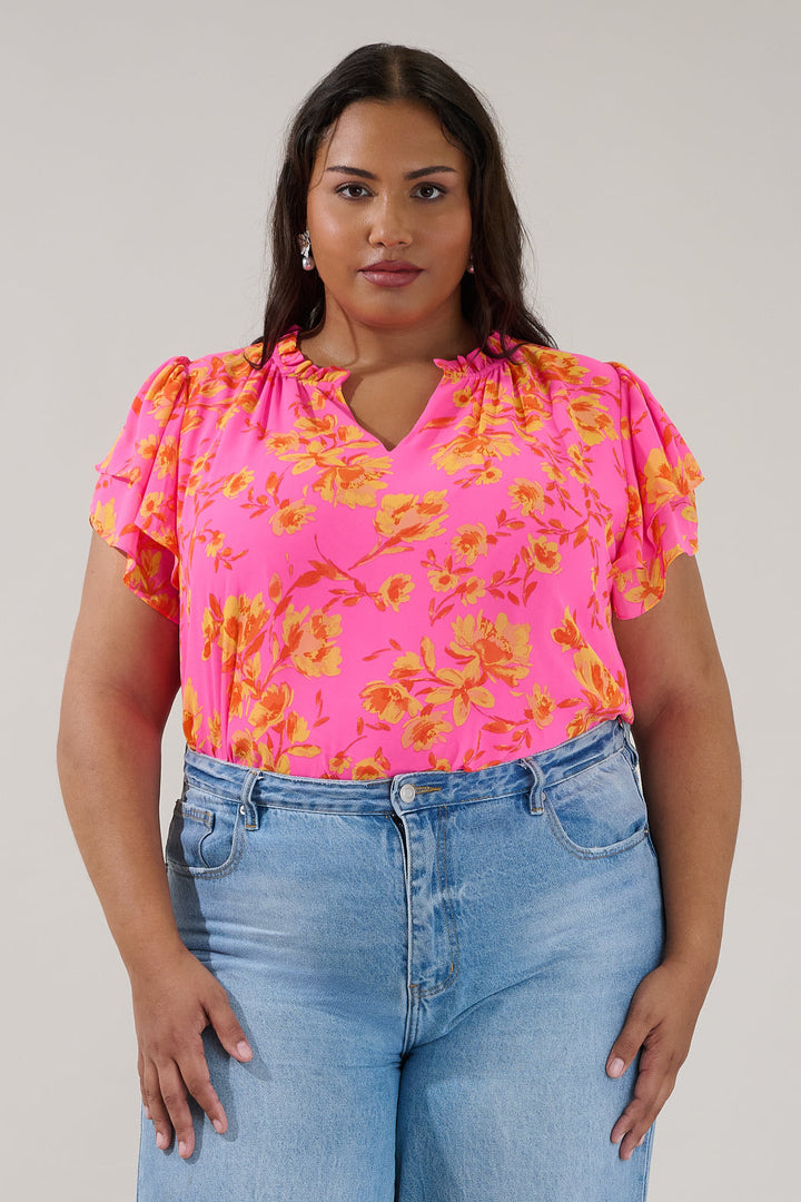 Montie Ruffle Blouse Hot Rod Floral Curve