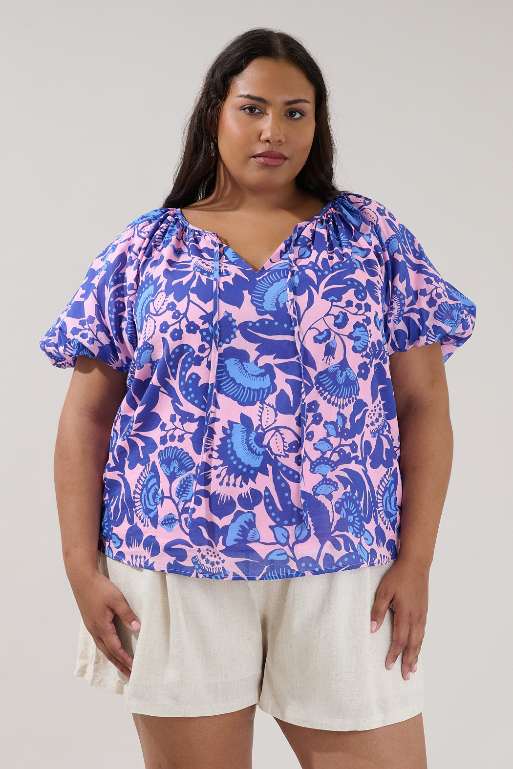 Overseas Balloon Sleeve Top Floral Curve