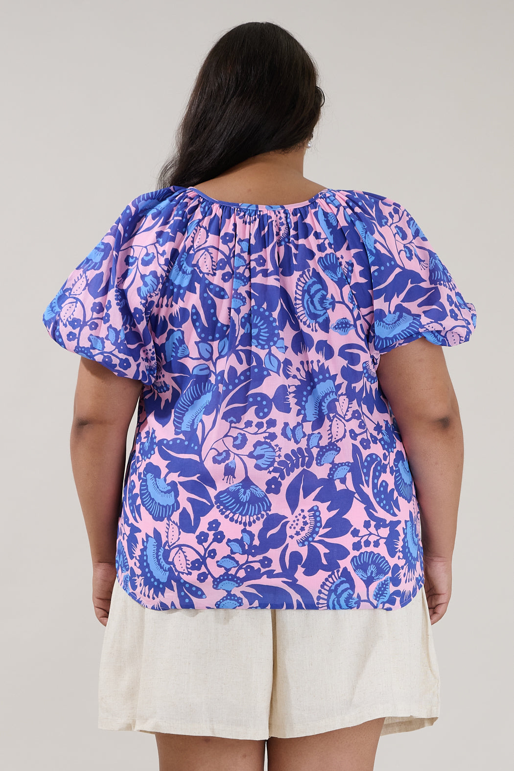 Overseas Balloon Sleeve Top Floral Curve