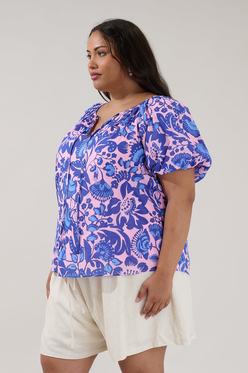 Overseas Balloon Sleeve Top Floral Curve