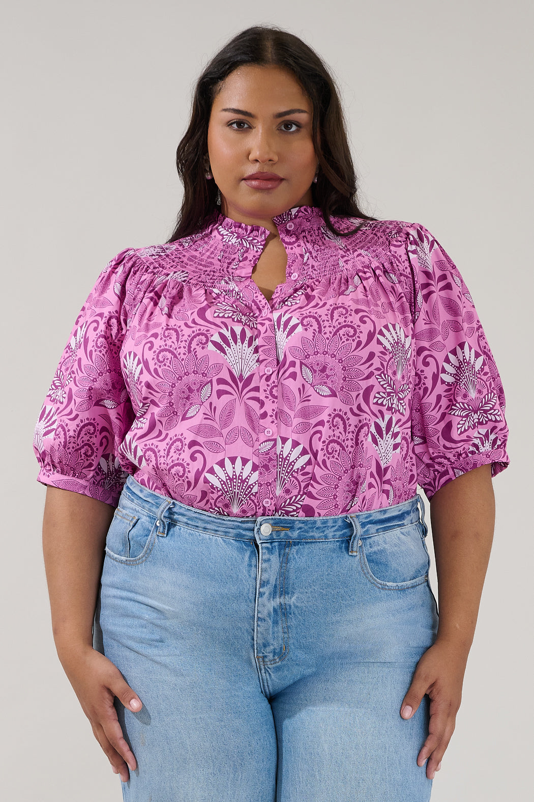 Blossom Smocked Mock Neck Top Floral Curve